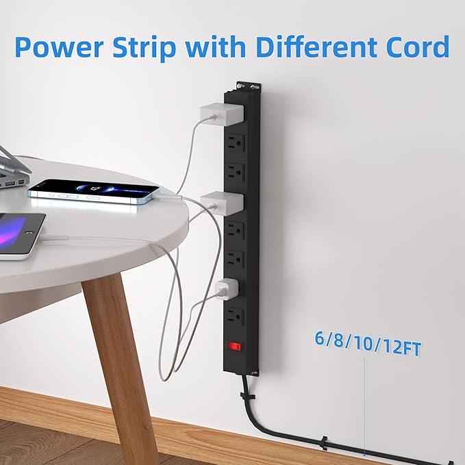 8 Outlet Metal Power Strip 10ft,Heavy Duty Power Strip with Wide Spaced,Black Power Strip with Long Cord for Kitchen,Office,School,Commercial,Workshop,Industrial,1825W/125V/15A,Black (10FT)