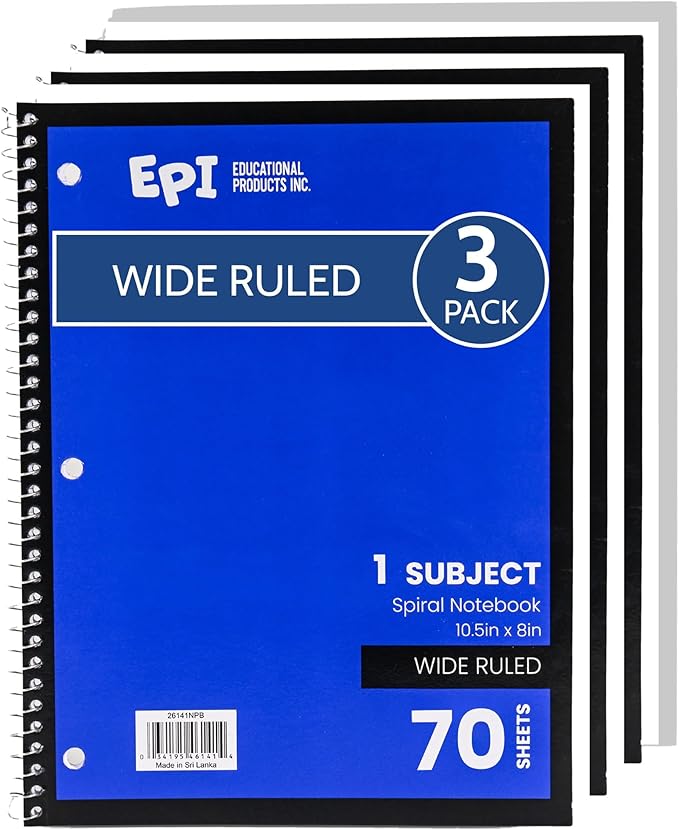 EPI Spiral Notebook | Wide - 70 Sheets, Durable Spiral Binding | 10.5 x 8 in | Classroom Supplies | School, Office, Note Taking, Journaling - 3 Pack