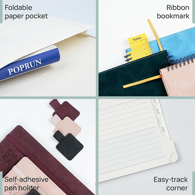 POPRUN Planner 2025-2026 Weekly Notebook for Purse(Pocket Size 4''x 6.25'') Small Academic Calendar (JUL.25 - JUN.26) with Monthly Tabs, Leather Soft Cover, Inner Pocket, 100 GSM - Lilac