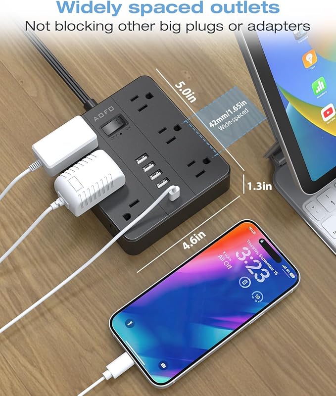 10FT Surge Protector Power Strip,12 AC Outlets with 6 USB Ports (2 USB-C), Flat Plug Extension Cord with Multiple Outlets, Wall Mount for Home Office,Dorm,Black