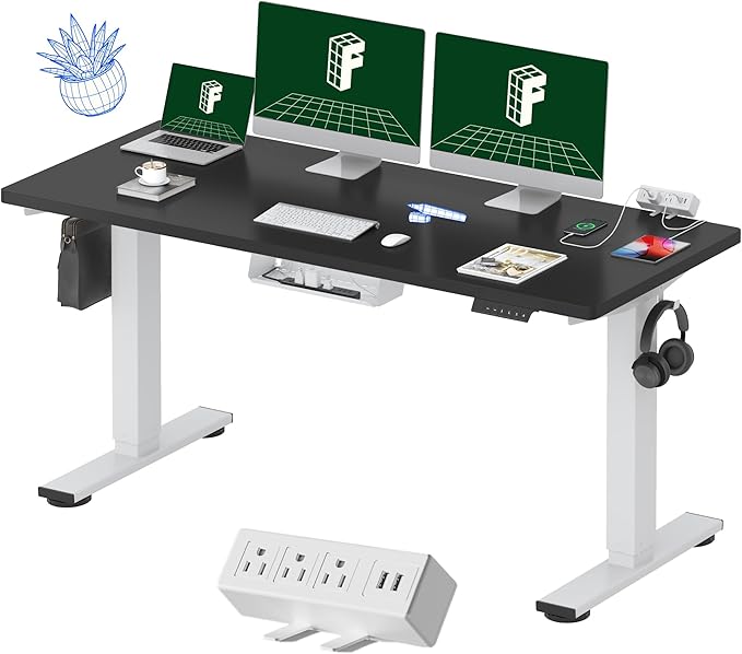 FLEXISPOT EN2 Whole-Piece Standing Desk with Clamp Power Strip, 60 x 24 Electric Stand Up Height Adjustable Desk with Cable Management (White Frame + 60" Black Desktop, 2 Packages)