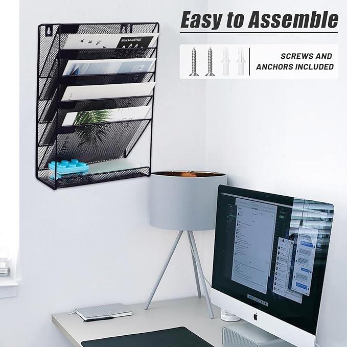EASEPRES 6 Tier Mesh Hanging Wall File Organizer, Desk Mail Paper Document Folder Holder, Clipboard Storage Organization Magazine Rack with Bottom Tray and Nametag Label for Office Home School, Black