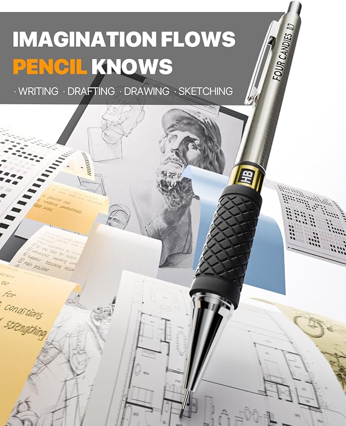 Four Candies Metal Mechanical Pencil Set - 3PCS 0.7mm Art Mechanical Pencils & 360PCS HB Lead Refills & 3PCS Erasers & 9PCS Eraser Refills, Drawing Mechanical Pencils for Writing, Sketching-With Case