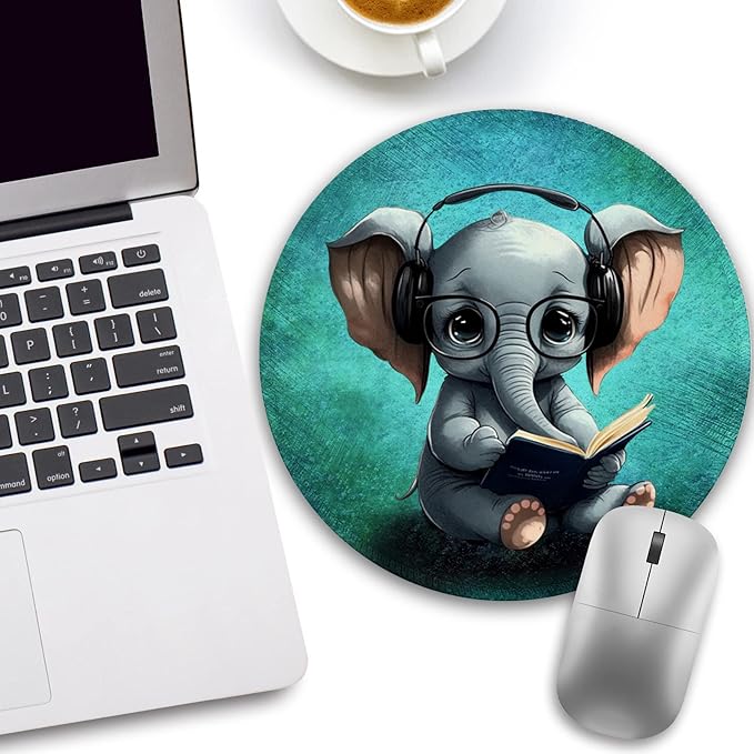 Small Mouse Pad, Elepant Round Mouse Pads for Desk, Travel Mini Mousepad with Non-Slip Rubber Base, Portable Mousepads for Wireless Computer Mouse Laptop, Office Desk Accessories, 8.6 * 8.6 Inch