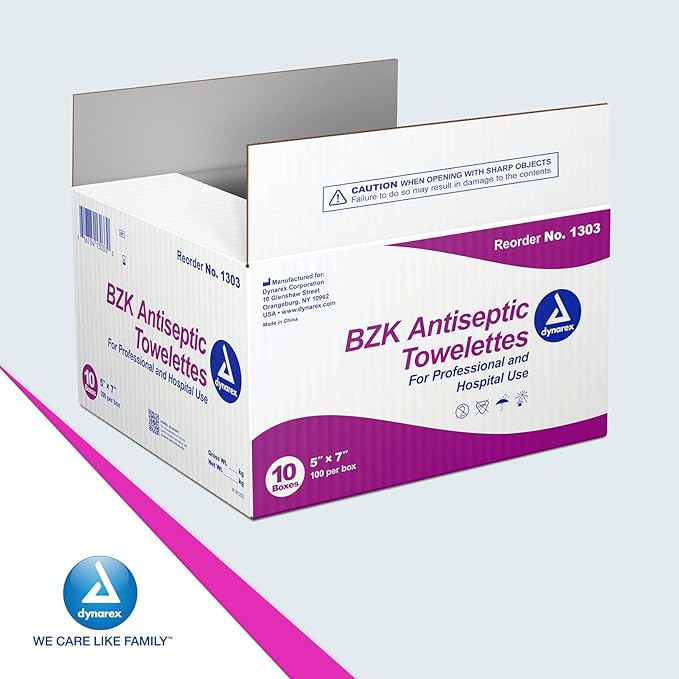 Dynarex BZK Antiseptic Towelettes, 5" x 7", Disposable and Premoistened, Individually Wrapped, 1 Case | 10 Boxes of 100 Dynarex BZK Antiseptic Towelettes (Packaging May Vary)