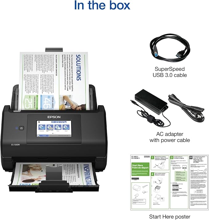Epson Workforce ES-580W Wireless Color Duplex Desktop Document Scanner for PC and Mac with 100-sheet Auto Document Feeder (ADF) and Intuitive 4.3" Touchscreen