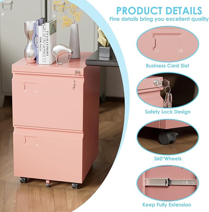Aobabo 2 Drawer File Cabinet, Lockable Metal Filing Cabinet with Wheels for Home Office, Legal/Letter Size, Required Assembled,Pink