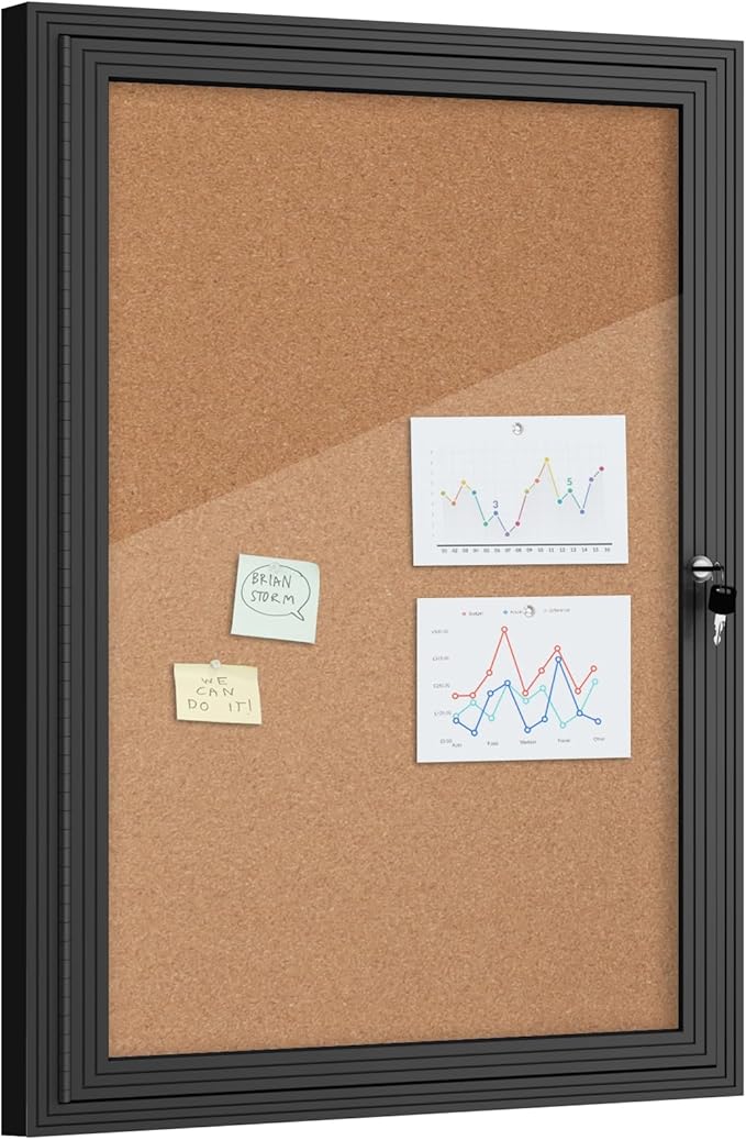 36"x24" Enclosed Bulletin Board, Outdoor Lockable Weather-Resistant Aluminum Cork Noticeboard for School & Office Hospital, Black Frame w/Cork