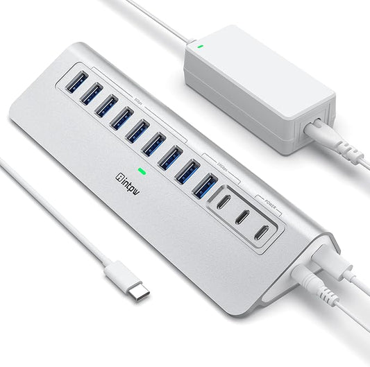 Powered USB Hub 10Gbps, intpw 12 Port USB C Hub with 10Gbps USB C 3.2, 2 USB A 3.2, 7 USB 3.0, 2 PD 45W Charging Ports, 65W Power Adapter and 3.3FT Cable, Aluminum USB Hub for Laptop, iPhone16/15, PC