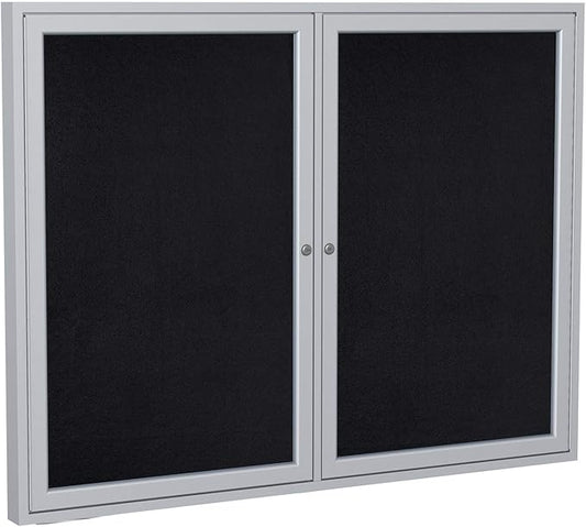 Ghent 36"x60" 2-Door indoor Enclosed Recycled Rubber Bulletin Board, Shatter Resistant, with Lock, Satin Aluminum Frame,Black (PA23660TR-BK) ,Made in the USA