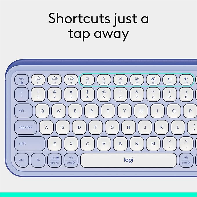 Logitech POP ICON Keys Wireless Bluetooth Keyboard, Comfortable Typing, Programmable Keys, Easy-Switch Between up to 3 Devices, for Laptop, Tablet, PC – Lilac and Off-White