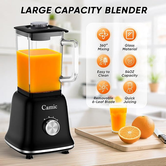 Glass Blenders for Kitchen with 750W, 54Oz. Countertop Blender Glass Jar Food Processor Combo, BPA-Free Blender for Smoothies, Ice Crush,Nuts, Frozen Drinks and Fruits (Black)