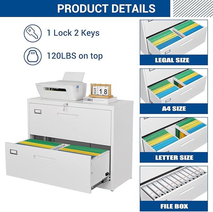 Lateral File Cabinet with Lock, 2 Drawer Large Metal Filing Cabinet,Home Office Lockable Storage Cabinet for Hanging Files Letter/Legal/F4/A4 Size-Assembly Required