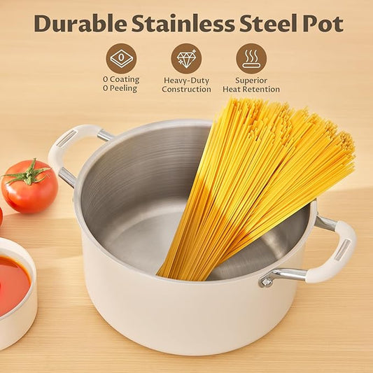 10 Quart Tri-Ply Stainless Steel Stock Pots with Lid, BEZIA Induction Soup Pot with Lid, Large Kitchen Cooking Pots with Silicone Handle, Compatible with All Cooktops, Free of PTFE/PFOA/PFOS
