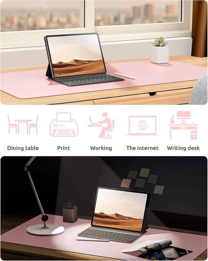 YSAGi Leather Desk Protector, Office Mat, Large Mouse Mat, Non-Slip PU Leather Blotter, Laptop Desk Pad, Waterproof Writing Pad for Office and Home (Light Pink, 35.4" x 17")