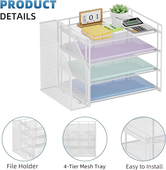 Marbrasse Desk Organizer and Accessories,4-Tier Paper Letter Tray Organizer with File Holder,Desk Accessories & Workspace Desktop Organizers for School Home Office Supplies (White)