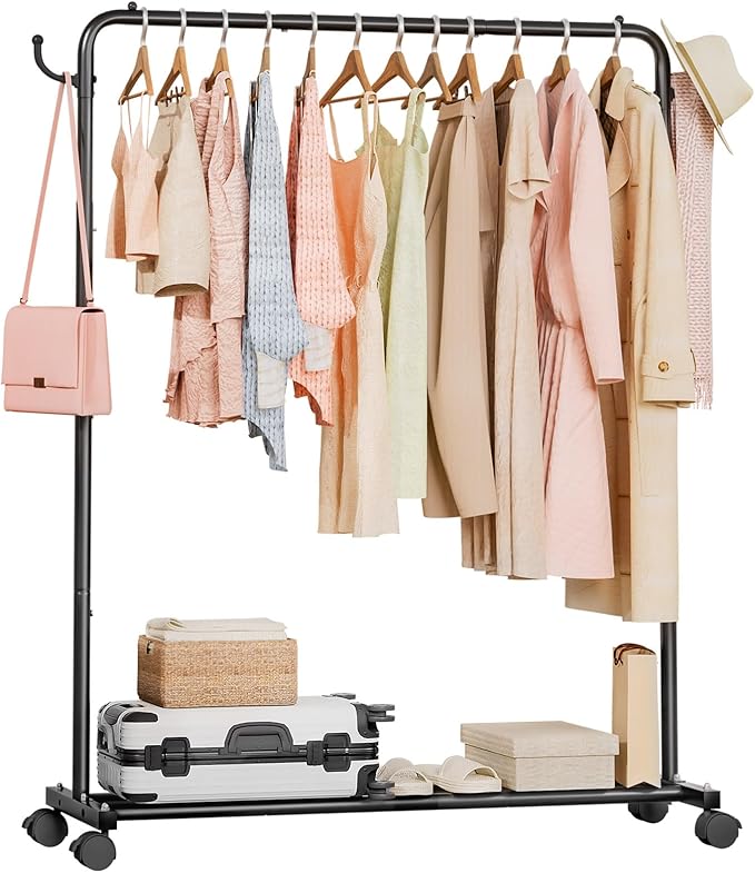 Homde Heavy Duty Clothes Rack: 120lb Standing Garment Storage for Indoor - Rolling Hanging Rod for Bedroom Laundry Room - Coat Dress Organizer on Wheels with luggage shelf (Black,46")