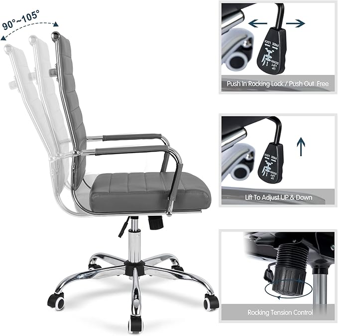 Home Office Chair Ribbed, Modern Leather Conference Room Chairs, Ergonomic Office Desk Chair, High Back Executive Computer Chair, Adjustable Swivel Chair with Arms (Grey)