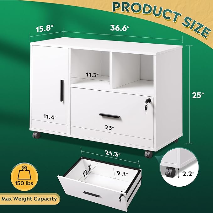 DEVAISE Office File Cabinet with Lock, 1-Drawer Wood Lateral Filing Cabinet on Wheels, Printer Stand with Open Storage Shelves for Home Office, White