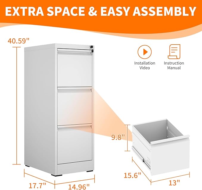 Metal File Cabinet with 3 Drawer Heavy Duty Locking File Cabinets Home Office Steel Filing Cabinet Vertical File Cabinets for Legal/Letter Size File,Assembly Required