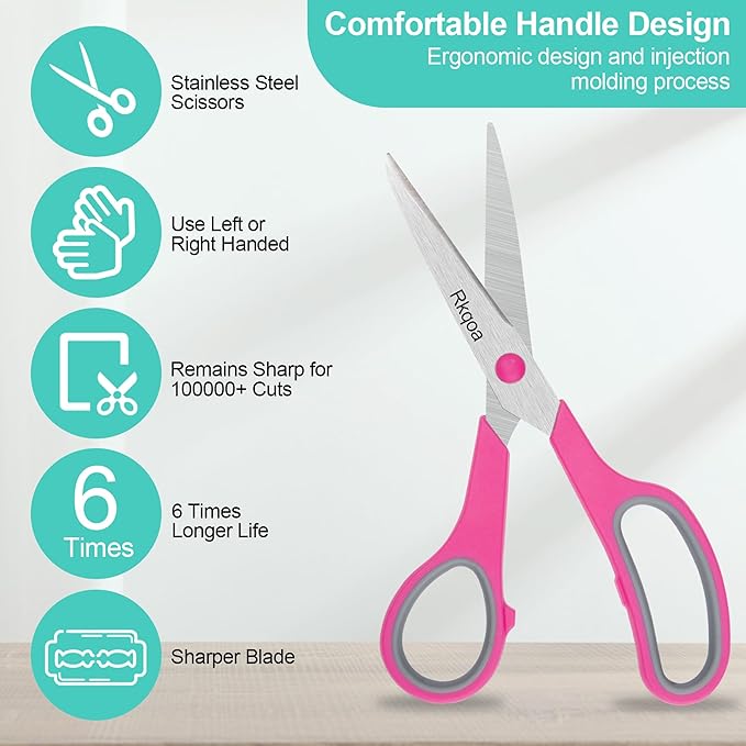 Scissors, Rkqoa 8" Adult Scissors All Purpose 6 Pack - Comfort-Grip Sharp Shears for Office School Sewing Fabric Craft Art Supplies, Teacher/Class Everyday Use, Right/Left Handles