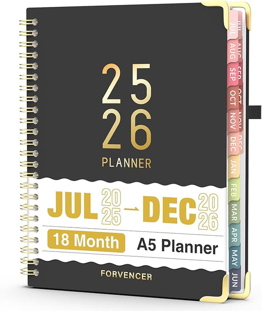 Jul 2025 - Dec 2026 Planner, Forvencer Academic Planner 2025-2026, 18 Month Daily Planner, 6" x 8", Weekly & Monthly Agenda Book, Hardcover Calendar Book, School Supplies for Student Teacher, Black
