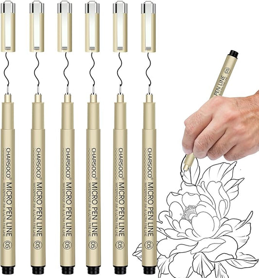 05 Micro Pen, 6Pack Black Fine Point Pen with Waterproof Archival Ink, 0.48mm Fineliner Ink Pens for Artist Illustration, Sketching, Anime, Manga, Technical Drawing and Scrapbooking