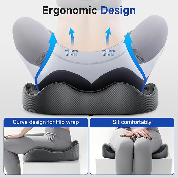 Benazcap Memory Foam Office Chair Cushion, Ergonomic Seat Cushion for Sciatica & Tailbone Pain Relief for Long Sitting for Gaming Chair and Car Seat- Black&Gray