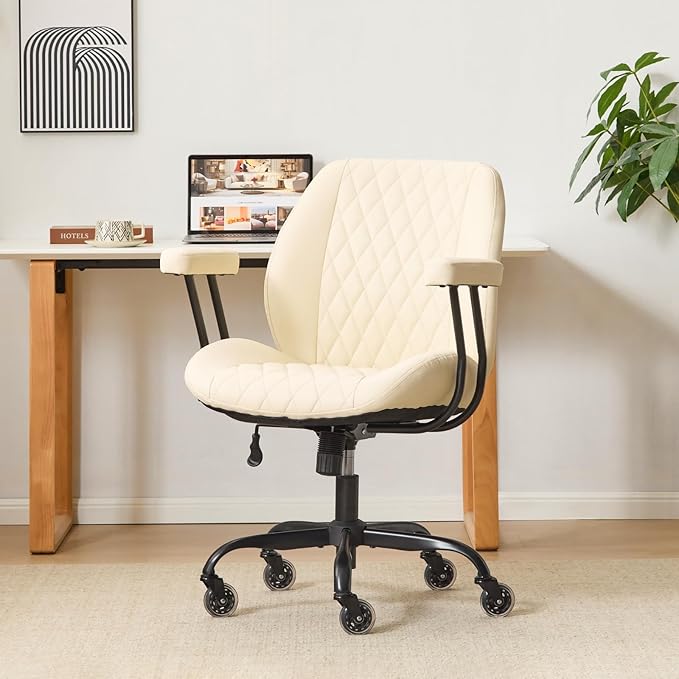 YFO Home Office Desk Chair Office Rubber Casters Ergonomic Computer Chair with Lumbar Support Adjustable Height Rolling Swivel Executive Task Armrests Chair, White Leather
