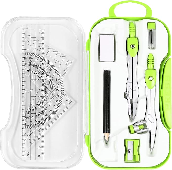 Math Geometry Kit Sets 10 Piece Student Supplies with Shatterproof Storage Box,Includes Rulers,Protractor,Compass,Eraser,Pencil Sharpener,Lead Refills,Pencil,for Drafting and Drawings(Green)