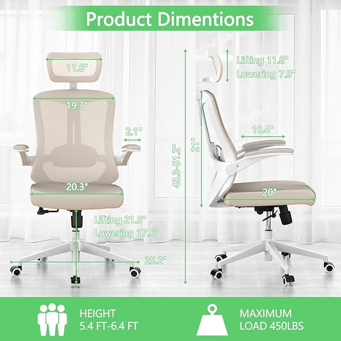 Desk Office Chair, Ergonomic High Back Comfy Computer Chairs with Wheels, Swivel Gaming Home Mesh Chair Comfortable Lumbar Support, Comfy Arms for Study, Home,Bedroom(Khaki)