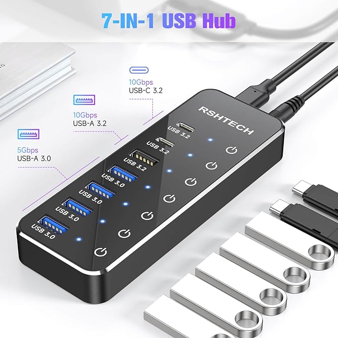 RSHTECH 7-Port Powered USB 3.2/USB C Hub with 10Gbps USB-A 3.2, 2 USB-C 3.2, 4 USB 3.0 Ports, Individual Touch Switches, 3.3ft Cable and 5V Power Adapter, USB Hub Splitter for Laptop/PC, RSH-ST07C
