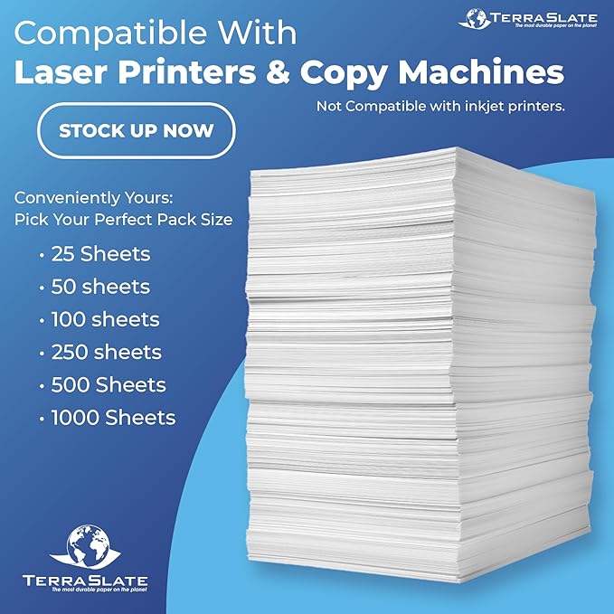 TerraSlate Premium Waterproof Paper, 5 MIL 8.5” x 11”, Laser Printer & Copy Machine Compatible, Durable & Rain/Weather-Proof Copy Paper, White Paper (250 Sheets)