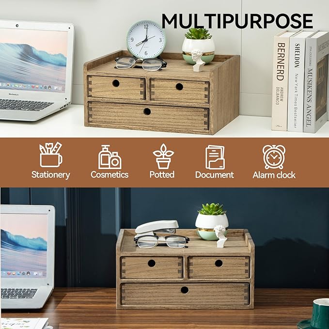 KIRIGEN Desk Organizer with Drawers - Wood Drawer Storage Box with Trays for Tabletop - Workspace Office Toiletries Supplies Tool Caddy - Wooden Storage Cabinet Dark Brown(DT2D3C-DBR)
