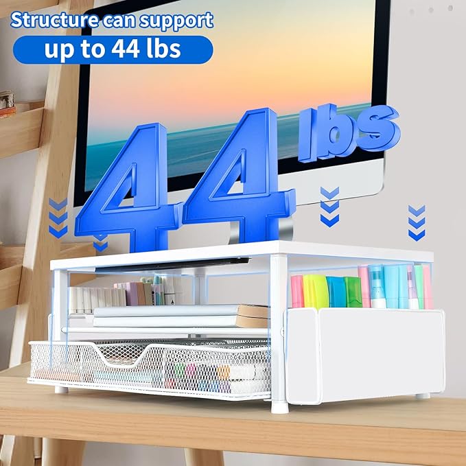 AUPSEN White Monitor Stand Riser, 2-Tier Wood Computer Desk Organizer with Drawer, Pen Storage & Phone Holder ,Office Desk Accessories Desktop Organizer for Office Supplies