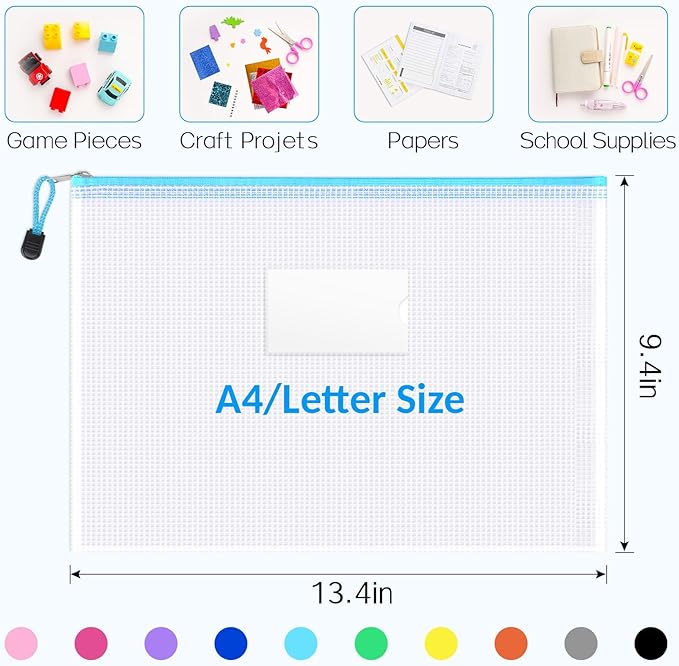Sooez 14 Pack Mesh Zipper Pouch Bags, A4 Letter Size, Zipper Bags with Label Pocket, Waterproof Pouches for Classroom Organization, Board Game Storage, Document Bag for Teacher School Office Supplies