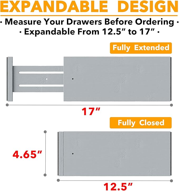 SpaceAid Bamboo Dresser Drawer Dividers 6 Pack, 4.65“ High Adjustable 12.5“-17” Drawer Organizers, Expandable Organization for Clothing, Clothes, Dressers, Gray