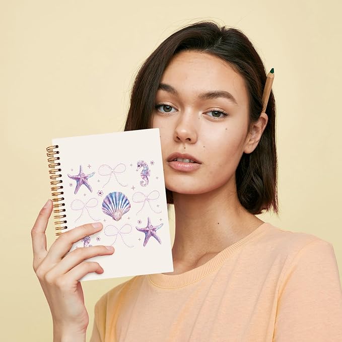 JXREQ Cute Purple Coquette Bow Seashell Notebook Coastal Journaling Notebooks for Women Note Taking, Trendy Preppy Journal for Women Teen Girls, Office School Supplies Spiral Notebooks 5.5x8.3