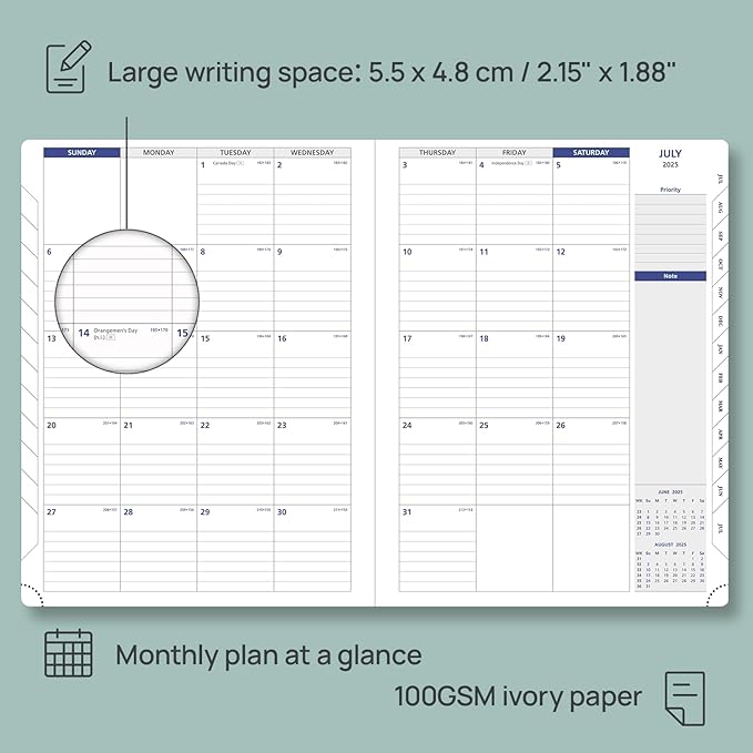 POPRUN Monthly Planner 2025-2026, 8.5'' x 11.25'', 13-Monthly Calendar (July 2025-July 2026) 15-Minute Hourly Appointment Book with Stair Tabs, Soft Cover, 100GSM Paper - Midnight Green