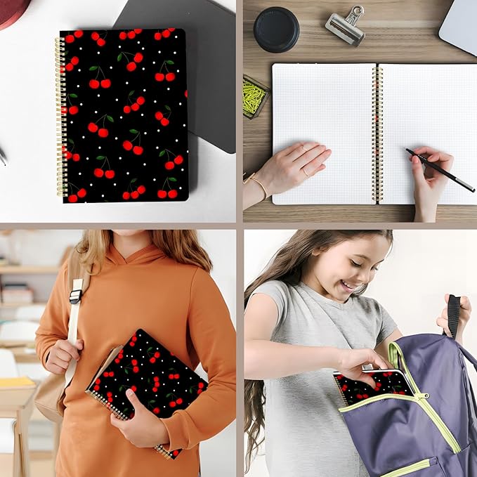 Cute Spiral Notebook journal A4 Aesthetic Pretty Design for Women Girls Kawaii with Pocket, 8.5 x 11 inch, Graph, Cherry