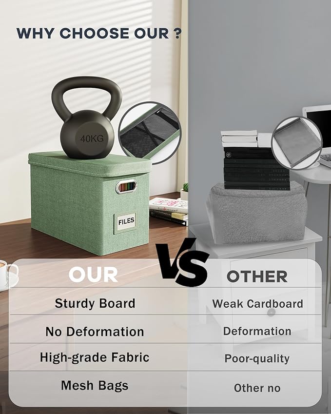 Oterri Hanging Filing File Box with Mesh Pocket, File Organizer Box with Lid, Collapsible Document Organizer Box for Letter Size, Easy Slide Durable Storage Box for Office/Decor/Home (2 PCS, Green)