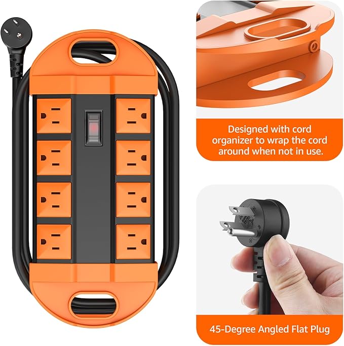 CCCEI Outdoor Power Strip Weatherproof with 8 Plug, Waterproof Extension Cord with Multiple Outlets, Christmas Exterior Garden Yard Surge Protector 10FT, Orange.