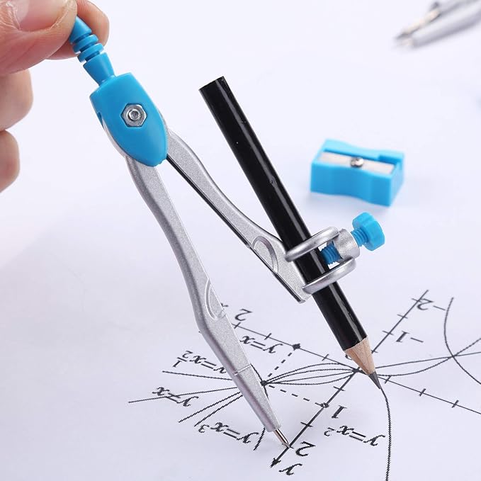 10 Pieces Math Geometry Kit Set Student Supplies with Shatterproof Storage Box,Includes Rulers,Protractor,Compass,Eraser,Pencil Sharpener,Lead Refills,Pencil,for School and Drawings(Blue)