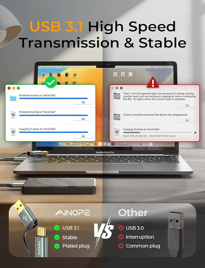 AINOPE Hard Drive Cable, Sturdy Nylon Braided External Hard Drive Cable 10Gbps Micro B to USB A/C Compatible with Seagate WD Toshiba Westgate, MacBook Air M2 Pro, Camera, 3.3FT/1m