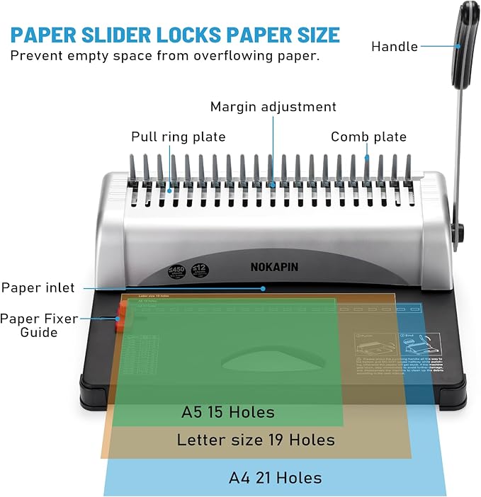 Binding Machine,Book Binder Machine 21-Holes, 450 Sheets,Comb Binding Machine with Starter Kit 100 PCS 3/8'' Comb Binding Spines,Spiral Binding Machine for Letter Size, A4, A5 or Smaller Sizes