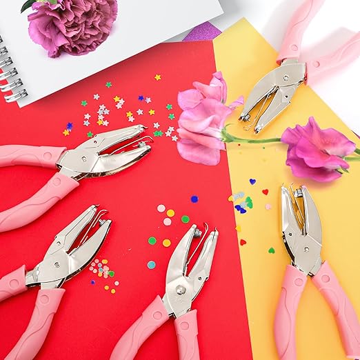 Jucoan 5 Pack Single Hole Punch Metal Handheld Small Hole Puncher with Soft Grip, Star Heart Circle Shape Paper Puncher for DIY Craft Tags Greeting Cards Scrapbook, 1/4, 1/8, 1/16 Inch Hole Punch
