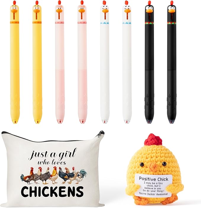 Funny Chicken Gift Accessories - 10Pcs Cute Knitted Chick Stress Relief Stationery Set Lovely Retractable Gel Pens Zipper Organizer Pen Pouch for Kids Birthday Party Gift Student Reward Supply