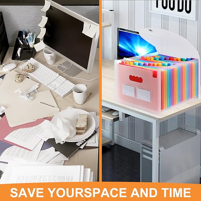 Accordion File Organizer, 24 Pockets Expanding File Folders, Portable Letter A4 Size Filing Box with Colored Labels and Expandable Cover, Monthly Bill Receipt Documents Organizer Pink