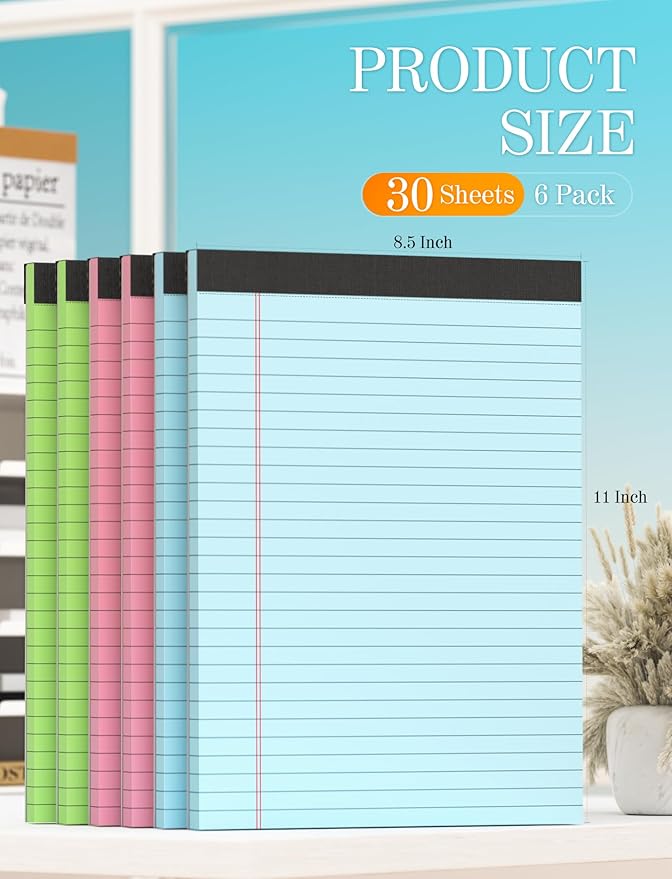 Note Pads 8.5 x 11 Colored Legal Pads 8.5 x 11 Note Paper, 6 Pack Paper Pads 8.5 x 11 Notepad, Colored Legal Notepads 8 1/2 x 11 Writing Pads, Pink Notebook Paper 8.5 x 11, Wide Ruled, 30 Sheets/Pad