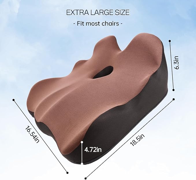Seat Cushion, X-Large Memory Foam Office Chair Cushion, for Pressure Relief Sciatica & Pain Relief for Long Sitting Hours on Office/Home Chair, Car (Brown)